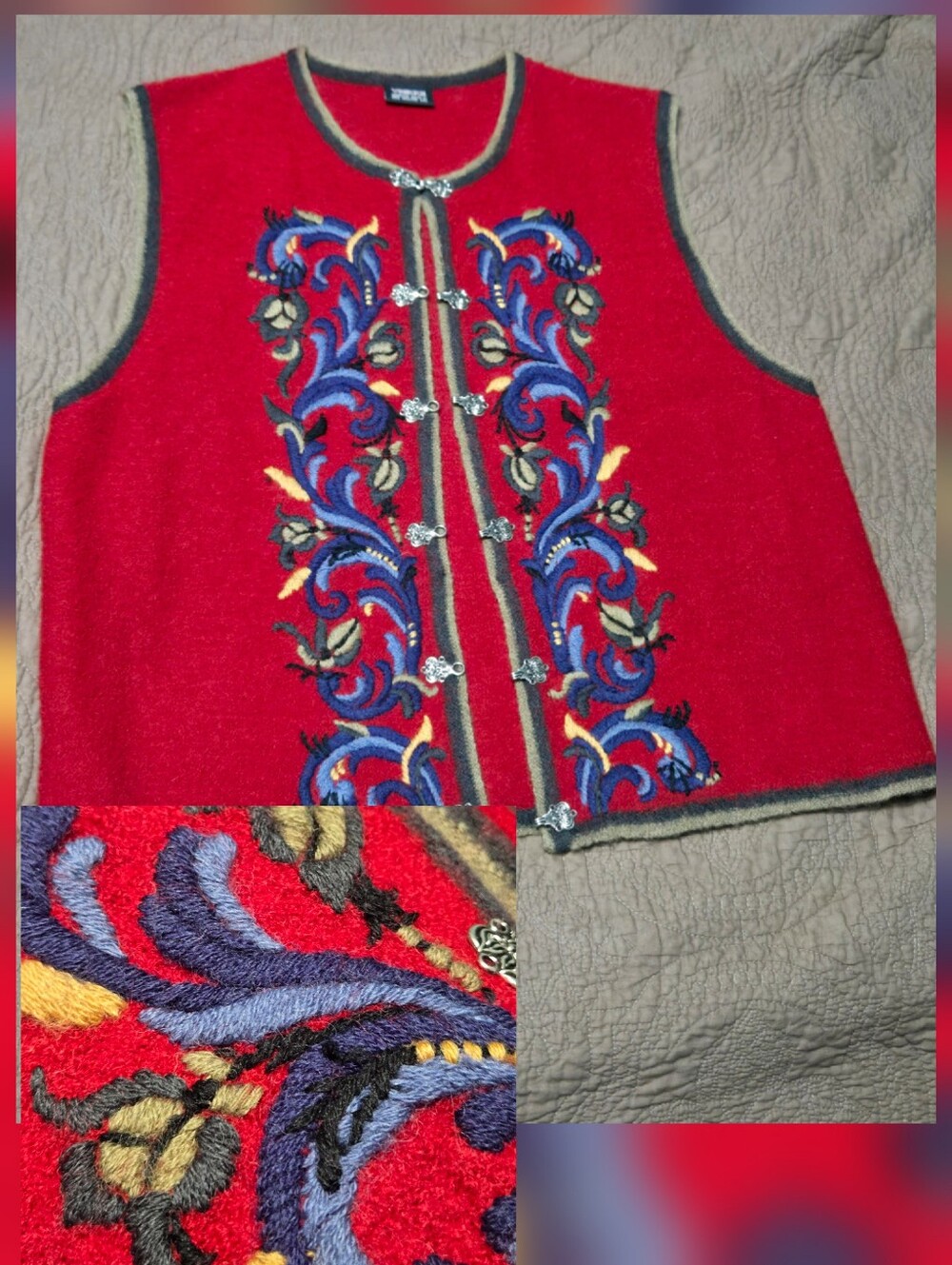 VRIKKE Norwegian Design by IRENE HAUGLAND Zahl Embroidered Floral Wool Vest XL